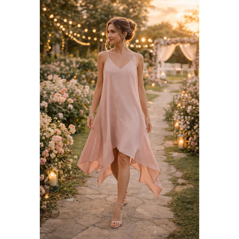 Adelyn Rae Handkerchief Hem Dress Strappy V Neck Blush Pink‎ L